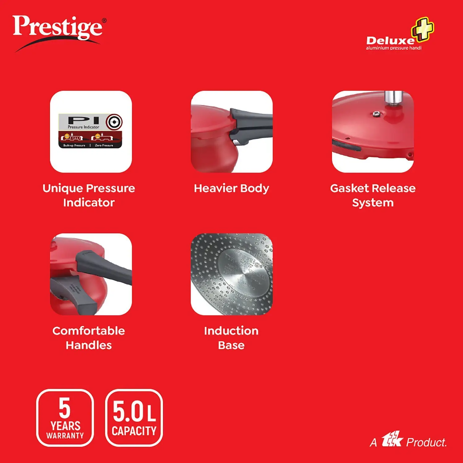 Prestige Deluxe Plus Aluminium Outer Lid Junior Pressure Handi, 5 Litre, Red - Detail View